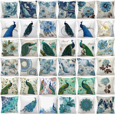 Cushion COVER Blue Green White Bird Peacock Flower Decorative Pillow Case 18x18''