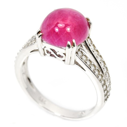 ANELLO ARGENTO 925 NATURALE ROSA ROSSO RUBINO OVALE CABOCHON E ZIRCONI BIANCHI MISURA 7 - Foto 3 di 6