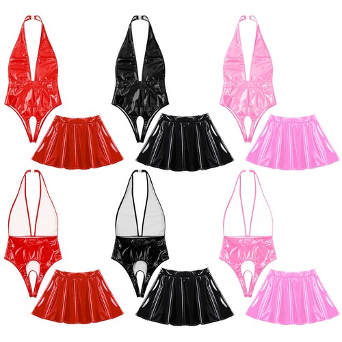 Set lingerie donna pelle supporto profondo V body apertura all'uncinetto gonne - Foto 2 di 26