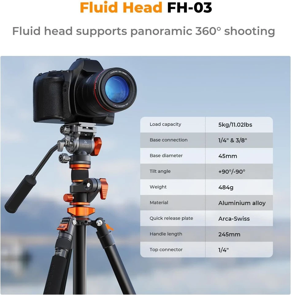 K&F CONCEPT 91" Video Tripod with Center Column Fluid Head Monopod T254A7+FH-03 - Image 3 of 4