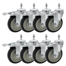 8 Pack 5 Inch Stem Caster Swivel w/ Front Brake Black PU Heavy Duty Caster Wheel