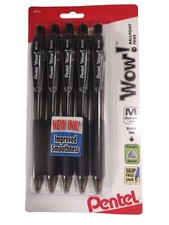 Pentel WOW Retractable Ball Point Pen 1.0mm Med Line BLK 5/Pk Office School Home