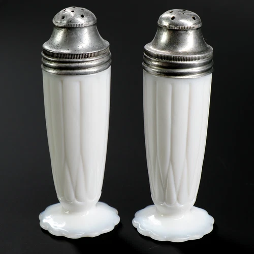 Depression Era Hazel Atlas Newport Hairpin Milk Glass Salt & Pepper Set 4 3/8"