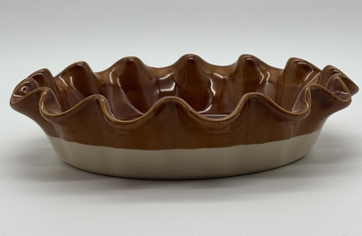 Emile Henry France 10.25 Brown Fluted Ruffled Pie Dish Quiche Ceramic Bakeware