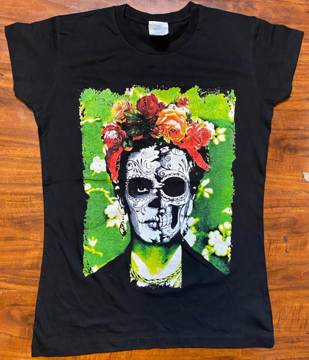 Frida Kahlo Dia de Los Muertos Women's Black Stretch Graphic T