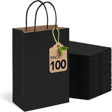 100 Pack Black Kraft Paper Gift Bags with Handles 5.25x3.75x8 Inch Bulk