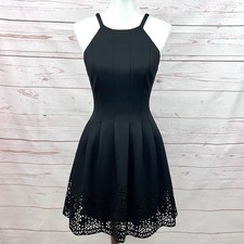 Vince Camuto High Neck Laser Cut Scuba Flare Pocket Dress LBD