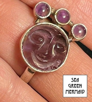Geschnitzter ''Mann im Mond'' Gesicht Cabochon Amethyst Ring in 925. Seehexe