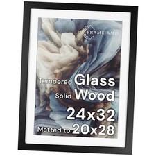 Solid Wood Poster Frame, White Mat for 20x28 Image, Tempered Glass 24x32 Black