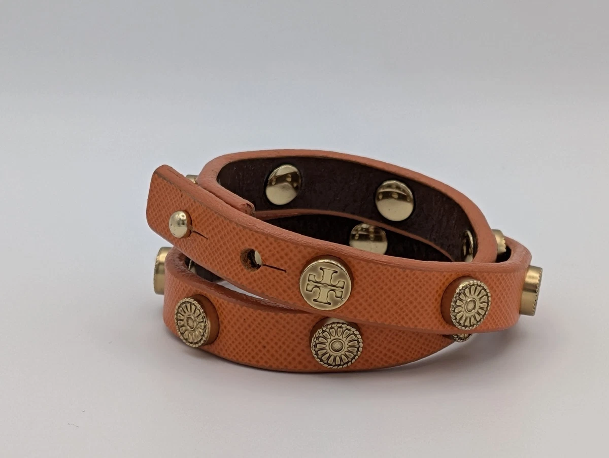 TORY BURCH BROWN LEATHER STRAP STUDDED WIDE WRAP BRACELET Miller Pavé Double-Wrap Leather Bracelet, Tory Gold / Beetle  main image 3