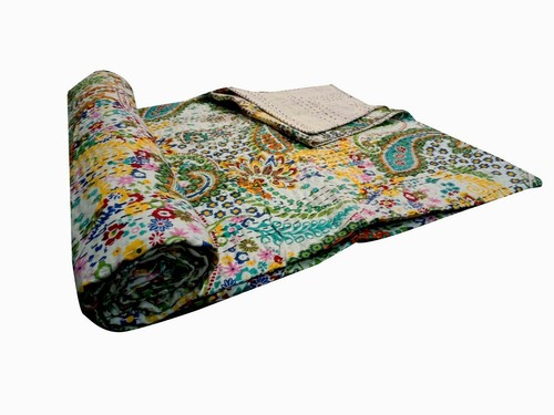 Indian Embroidery Kantha Quilt Bedspread Paisley Throw Cotton White - Picture 5 of 6