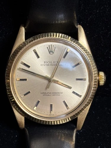 Vintage Rolex Oyster Perpetual Ref 1005 Automatic Silver Dial 18k Yellow Gold