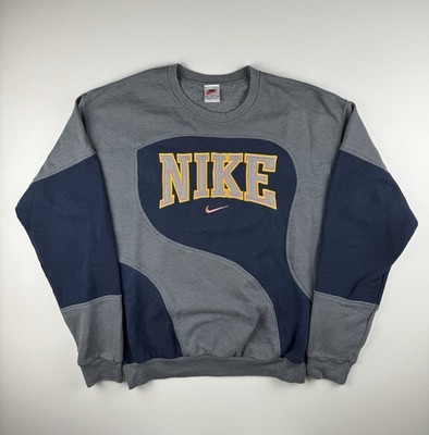 Nike Vintage Sweater Grau Blau Colorblock Spellout Retro 90s Größe L