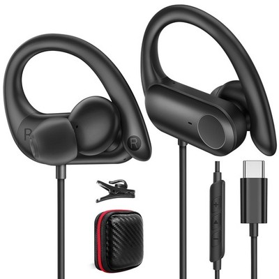 USB C Headphones with Earhook Mic & Volume Control, Type C Workout Wired Earb...