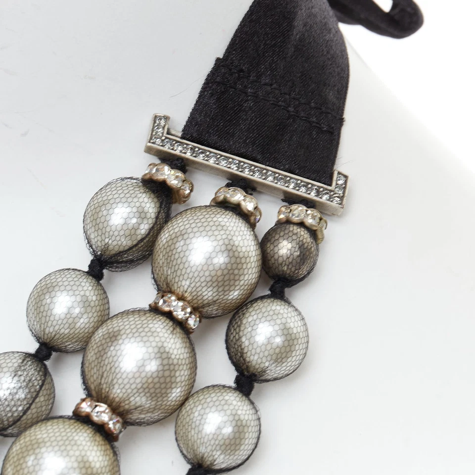 Raro LANVIN Negro Hebra Envuelto Imitación Perla Cristal Cinta Corbata Collar Foto 2 de 4