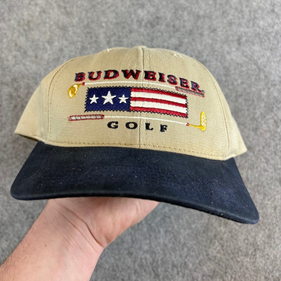 VINTAGE 90s Budweiser Golf Hat Cap Tan Blue Strapback Beer Promo USA Y2K OSFA