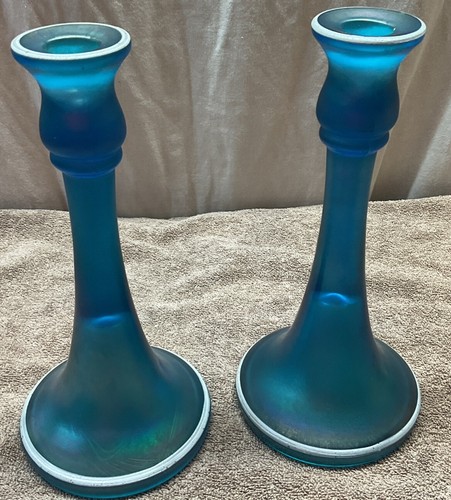 Pair Of Dugan Mae West Celeste Blue Stretch Carnival Glass Candleholders 9” - Picture 4 of 4