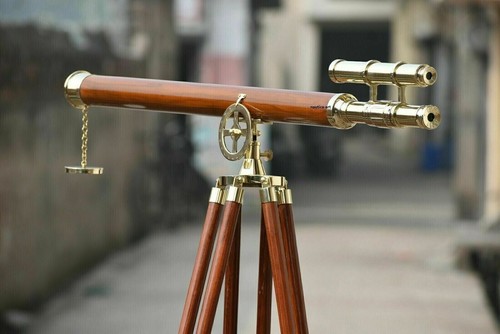 Antique Solid Brass Double Barrel Floor Standing Maritime Style Telescope Gift - Picture 3 of 8