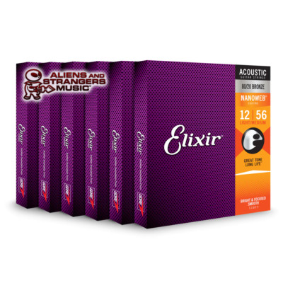 6 Sets! Elixir NANOWEB 80/20 Bronze Acoustic   11077 Light/Medium .012-.056