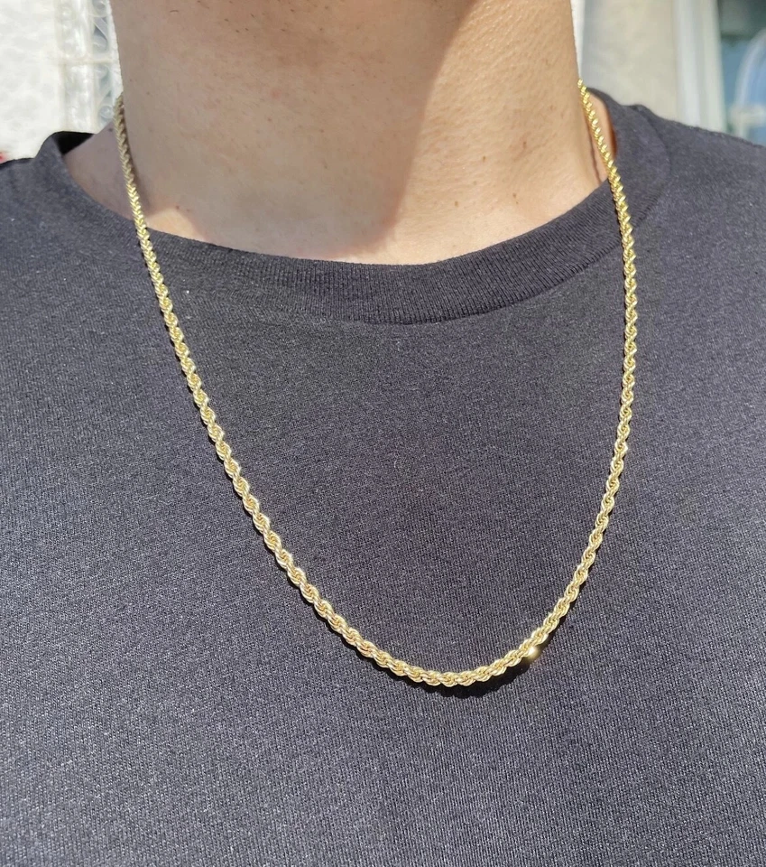 Cadena de cuerda de oro amarillo de 10K GUARENTEED ESLABÓN TRENZADO CORTE DIAMANTE HUECO DE 3 MM DE GROSOR Foto 2 de 2