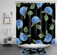 Green Leaf Blue Hydrangea Floral Black Shower Curtain Bathroom Accessories Set