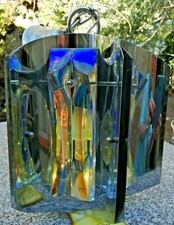 Superbe lustre space edge en verre irisé bleu et métal chromé vintage 1970/80