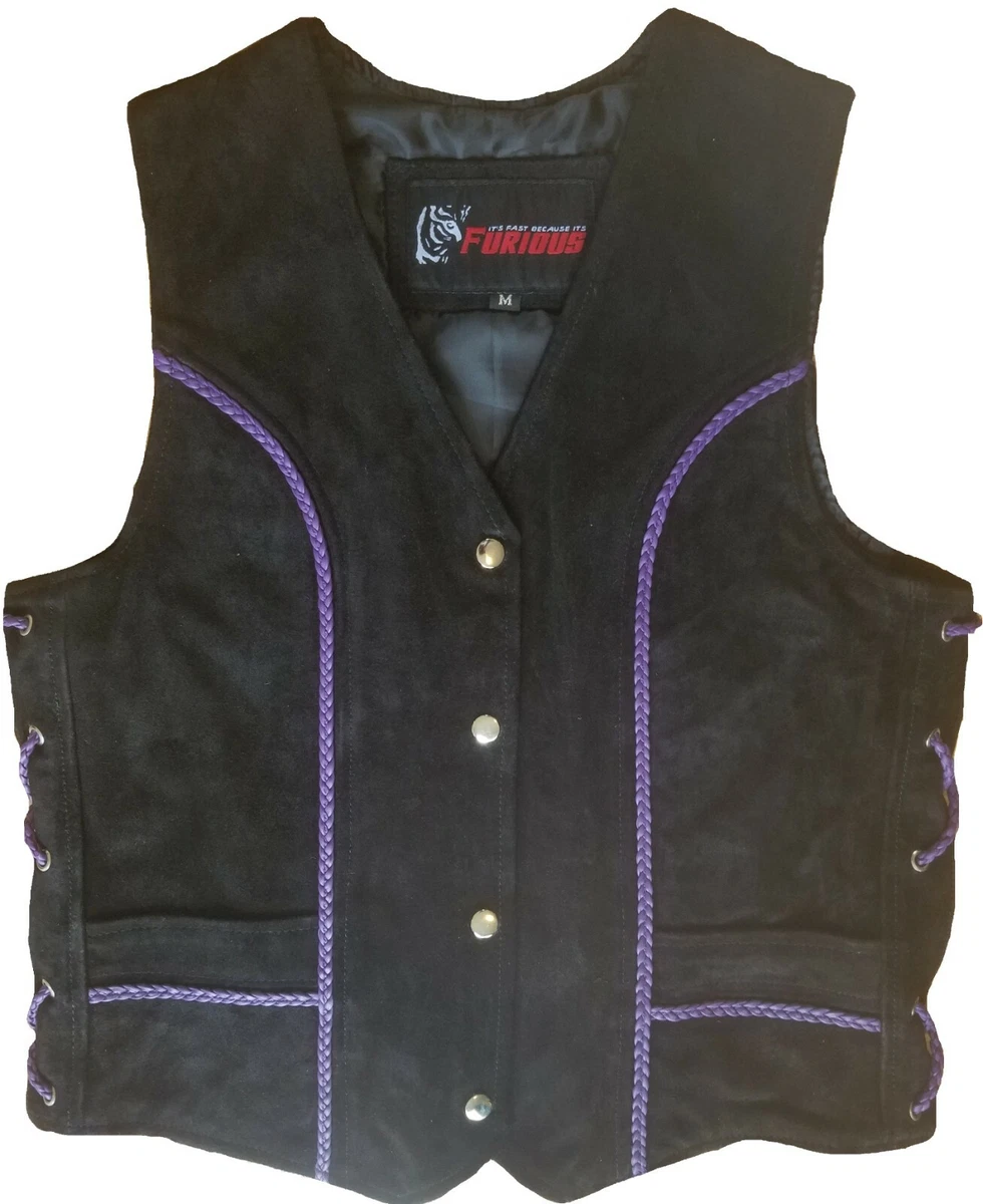 Women Vest Motorcycle Suede Waistcoat Braided Purple Suede Ladies Motorbike Vest