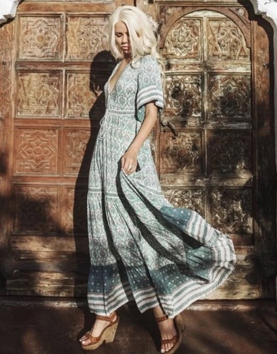 Spell & The Gypsy Dress Oracle Maxi Gown Sage Green L Bohemian Boho Button Down - Picture 2 of 12