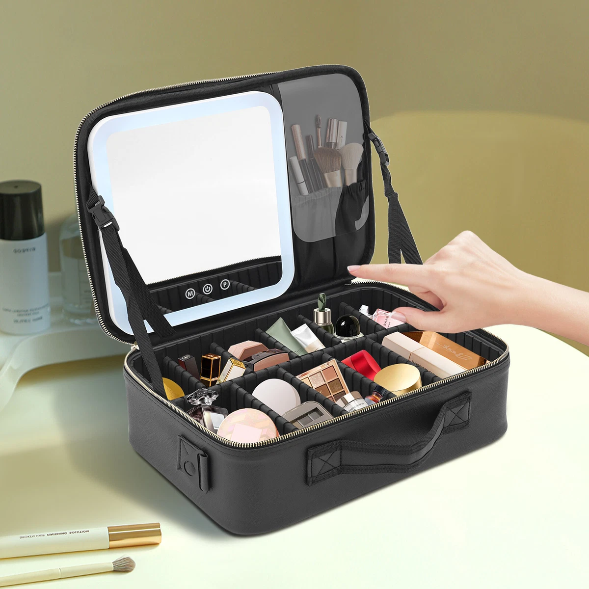 Amazon.com: FENCHILIN Travel Makeup Bag with Rechargeable Mirror 3 Color  Adjustable Brightness Cosmetic Train Case with Adjustable Dividers for  Storage Waterproof Bag Magnetic Holder for Portable Mirror Cute Bear :  Beauty &