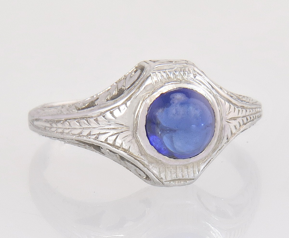 Antique 18K White Gold Cabochon Sapphire Art Deco Engagement