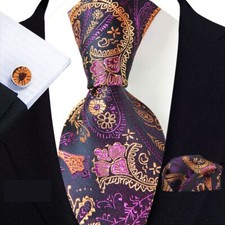 Classic Paisley Purpe Gold Jacquard Silk Men's Tie Necktie Hanky Cufflink Set