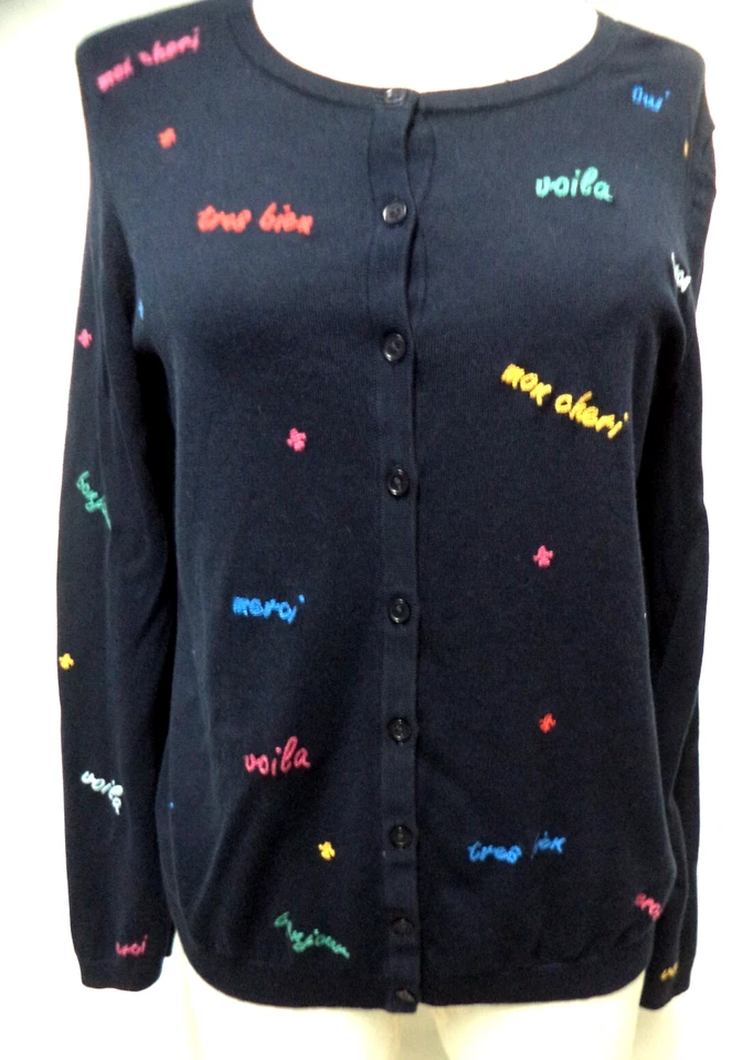 Talbots Embroidered French Cardigan sweater top Voila Merci Bonjour Large Lg L - Image 2 of 4