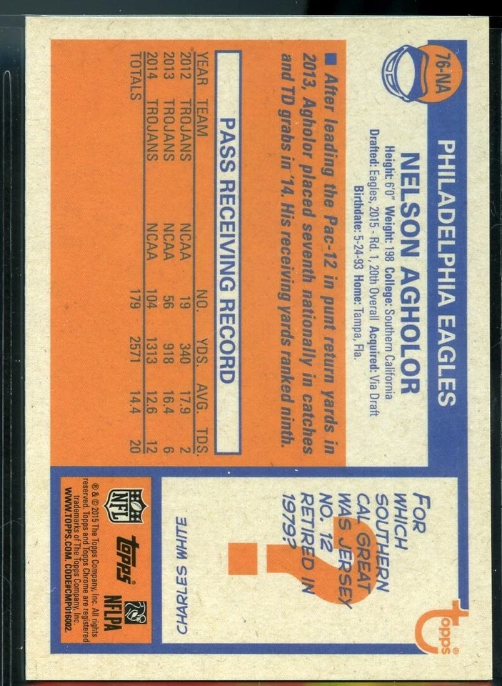 2015 Topps Chrome FB SET BREAK 1976 RETRO ROOKIE PULSAR Nelson Agholor RC #/50 - Image 2 of 2