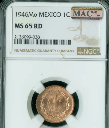 1946 Mo MEXICO CENTAVO NGC MS65 RED PQ ONLY 2ND FINEST GRADE MAC SPOTLESS RARE *