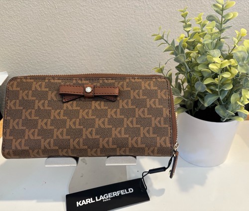 Karl Lagerfeld Paris Monogram Leather Zip Around Wallet - Brown