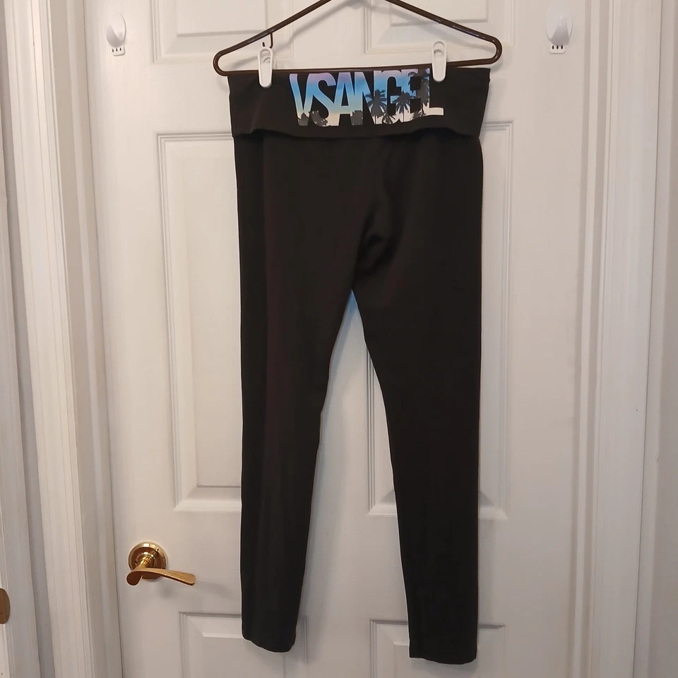 Victoria's Secret VS Angel Leggings Size M Black Foldover Waist Tropical Palm... - Image 2 of 4