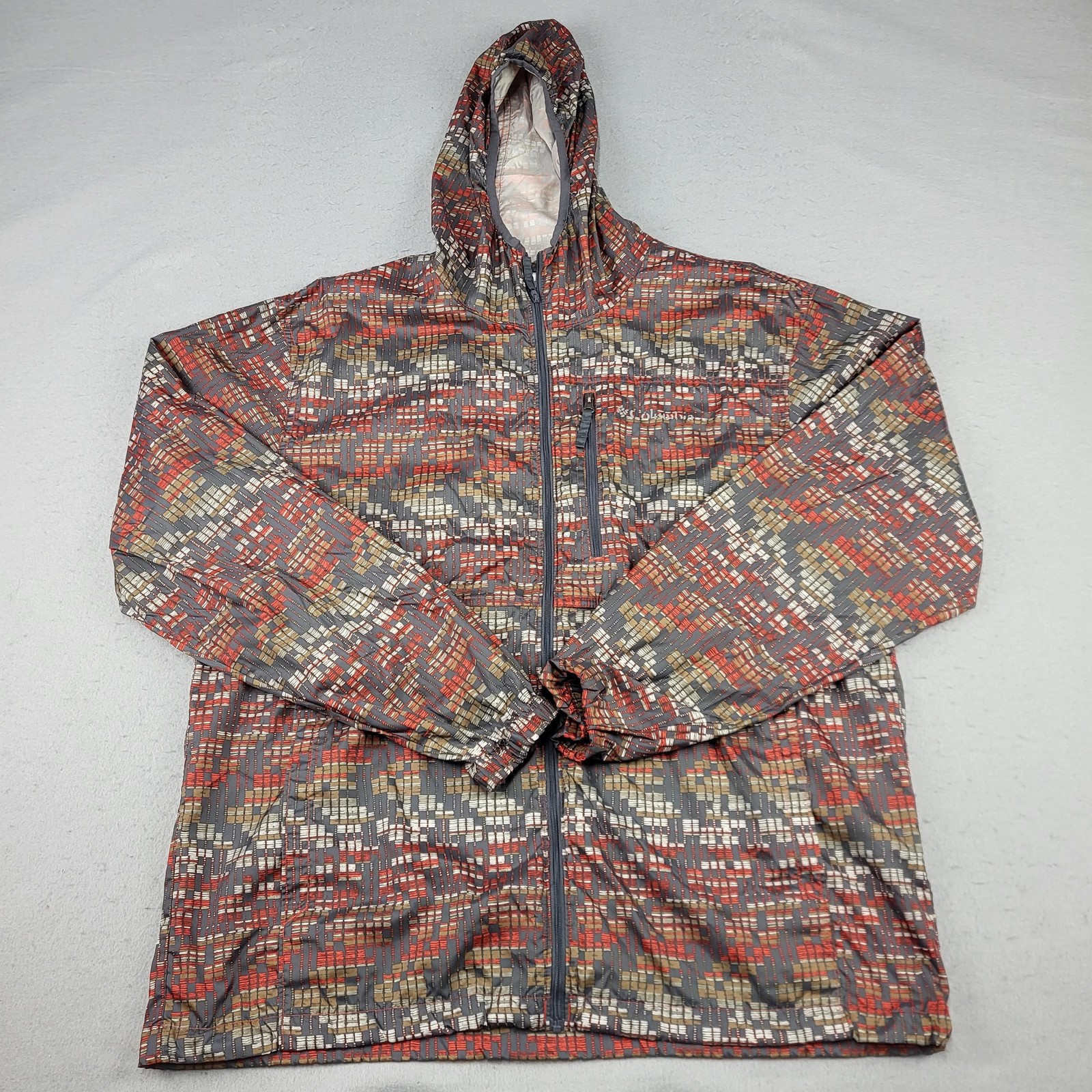 Columbia Jacket Mens Large Gray Red Hooded Windbreaker Full Zip Lightweight