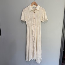 Zara Womens Cream Yellow Striped Midi Shirt Dress Smocked Waist XS bech resort