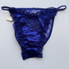 VTG Fredericks Of Hollywood Blue String Bikini Panties Large Beads Lace Satin
