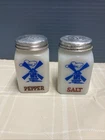 Vtg Hazel Atlas Salt & Pepper Shakers milk glass/ Dutch Windmill Design Made USA
