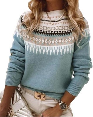 Women's Fair Isle Sweater Casual Vintage Crew Neck Knitted Sweater Cute Graphic
