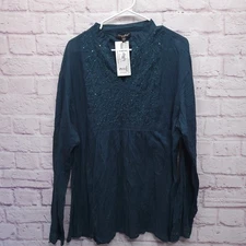 Greater Good Sequin Bedazzled Blouse Womens XXL Blue Peacock Breathable Light
