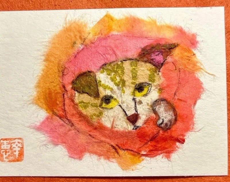 Original ACEO Japanese Washi Art- Rolled Up In Blanket🙄