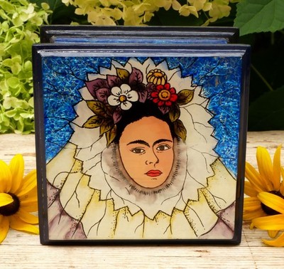 Frida Kahlo Lace Headdress Box Foil & Paint Backed Glass Handmade Peru Folk Art