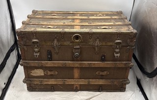 Antique Brown Wooden Hinged Flat Top Rectangular Coffee Table Steamer Trunk