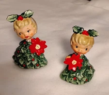 Vintage Christmas Holt Howard Poinsettia Holly Tree Girls Salt & Pepper Shakers