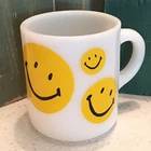 Vintage MCM Milk Glass Coffee Cup Mug Yellow Smiley Face Happy 60's-70's Retro