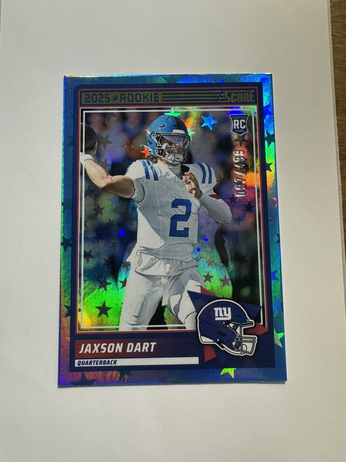 2025 Score Rookies #35 - Jaxson Dart Rookie - COLOR MATCH BLUE STARS - ser#/499