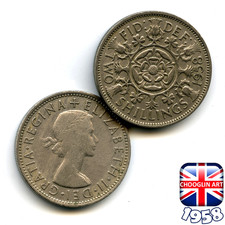 A BRITISH 1958 ELIZABETH II FLORIN - TWO SHILLINGS 2s COIN, 68 Years Old!