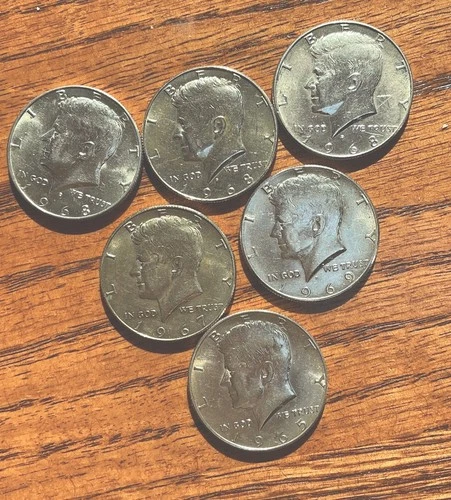 1965-69 Kennedy Half Dollars 40% Silver AU Uncertified Lot of 6